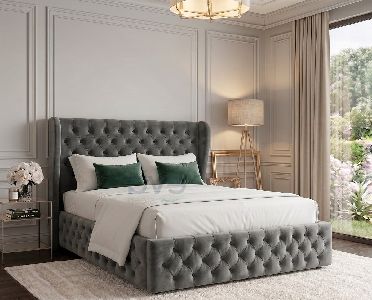 Chesterfield Wing Upholstered Bed Frame With Storage & Mattress Options