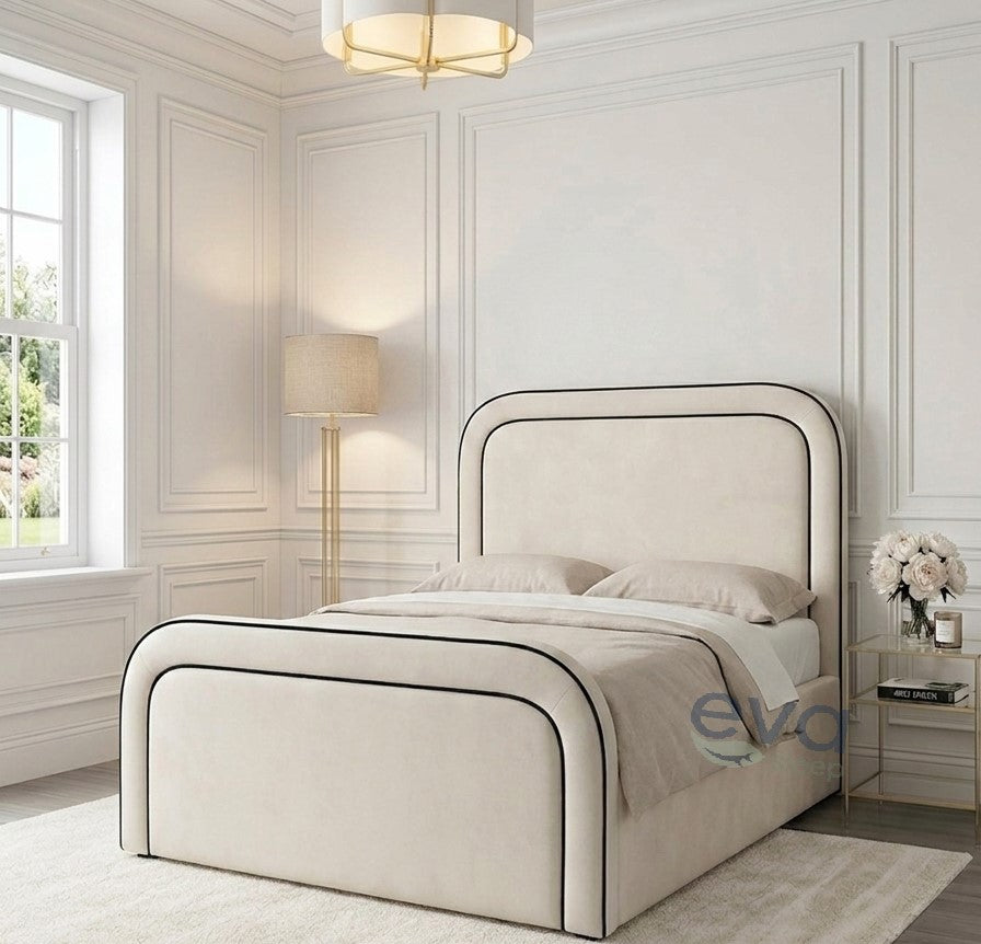 Donia Upholstered Bed with Contrasts fabric piping - Ottoman Mattress Options