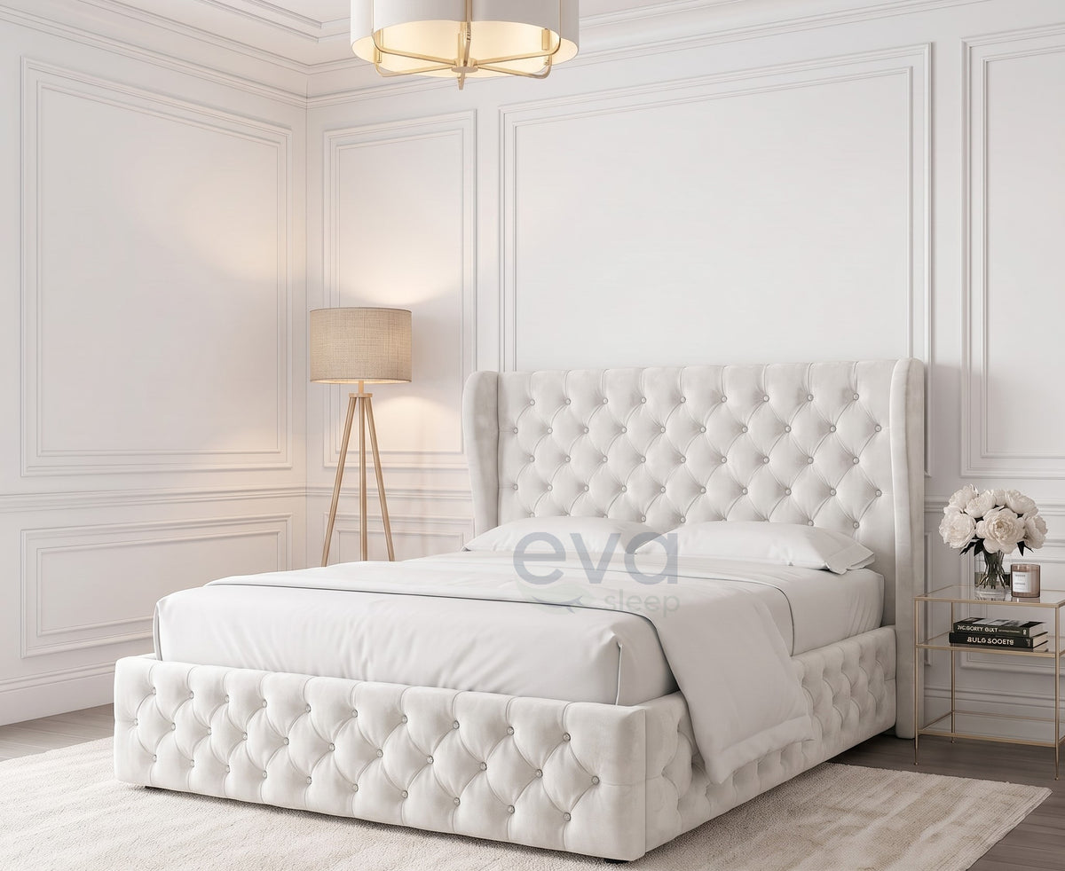 Chesterfield Wing Upholstered Bed Frame With Storage & Mattress Options