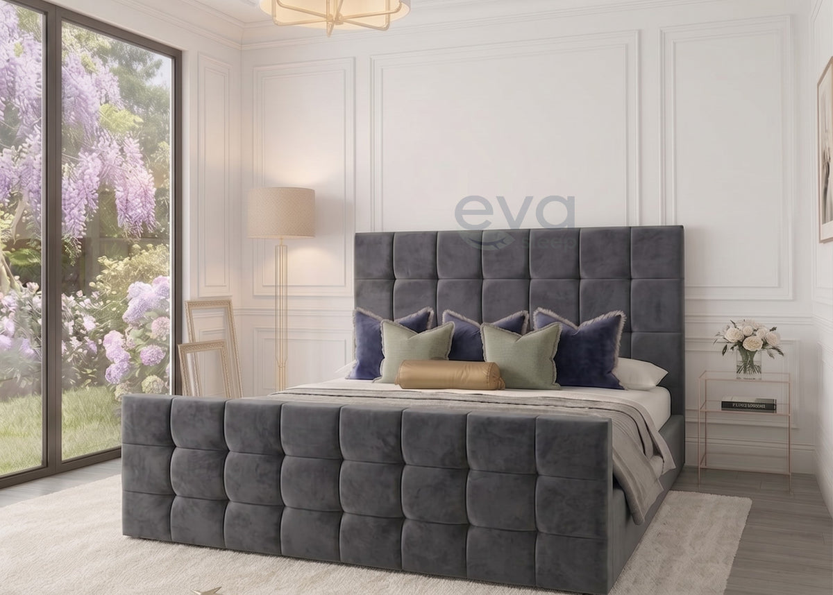 Square Cube Ottoman Storage Velvet Bed Frame | Optional Ottoman & Mattress Options