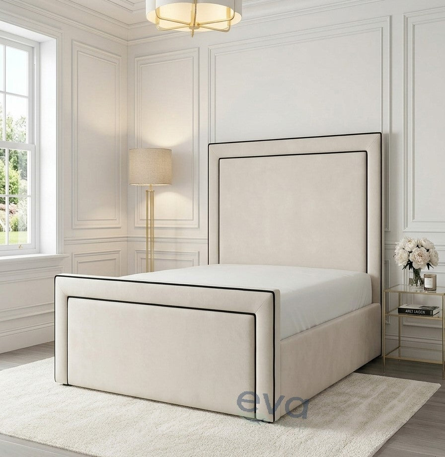 Dori Upholstered Bed with Contrasts fabric piping - Ottoman Storage Options