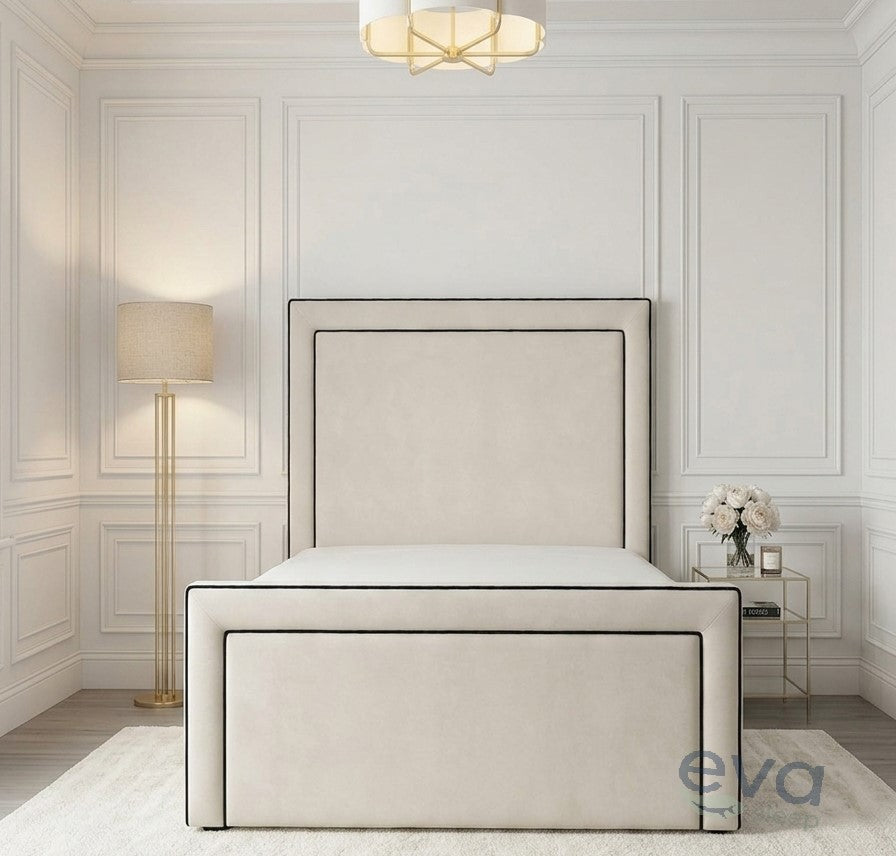 Dori Upholstered Bed with Contrasts fabric piping - Ottoman Storage Options