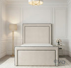 Dori Upholstered Bed with Contrasts fabric piping - Ottoman Storage Options