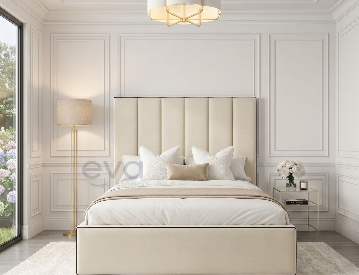 Milan Upholstered Bed with Contrasts fabric piping - Ottoman Mattress Options