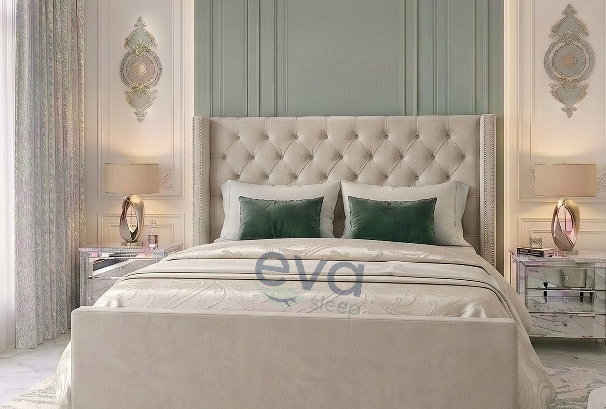 Shadow Merlot Wing Upholstered Bed Frame | Ottoman Storage & Mattress Options