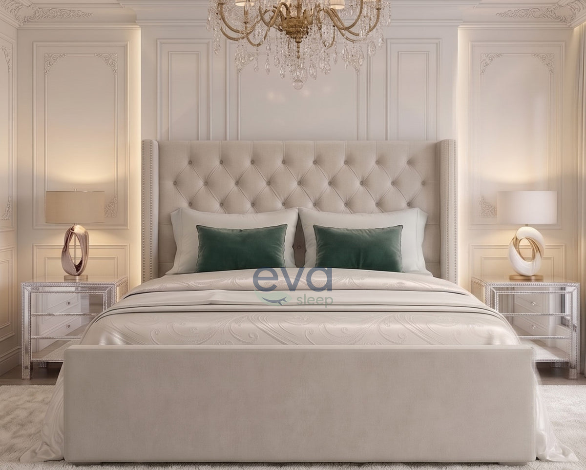 Shadow Merlot Wing Upholstered Bed Frame | Ottoman Storage & Mattress Options
