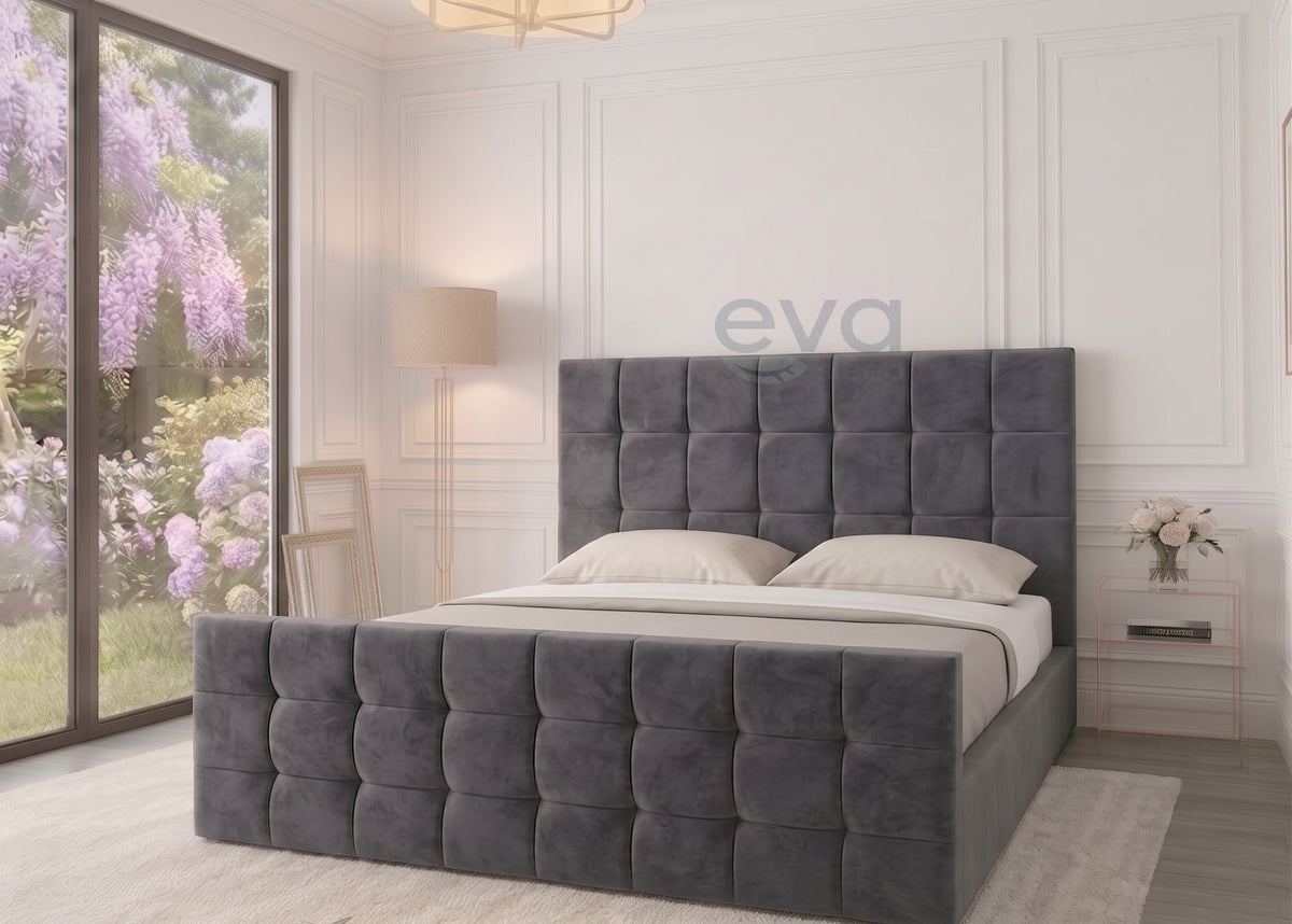 Square Cube Ottoman Storage Velvet Bed Frame | Optional Ottoman & Mattress Options