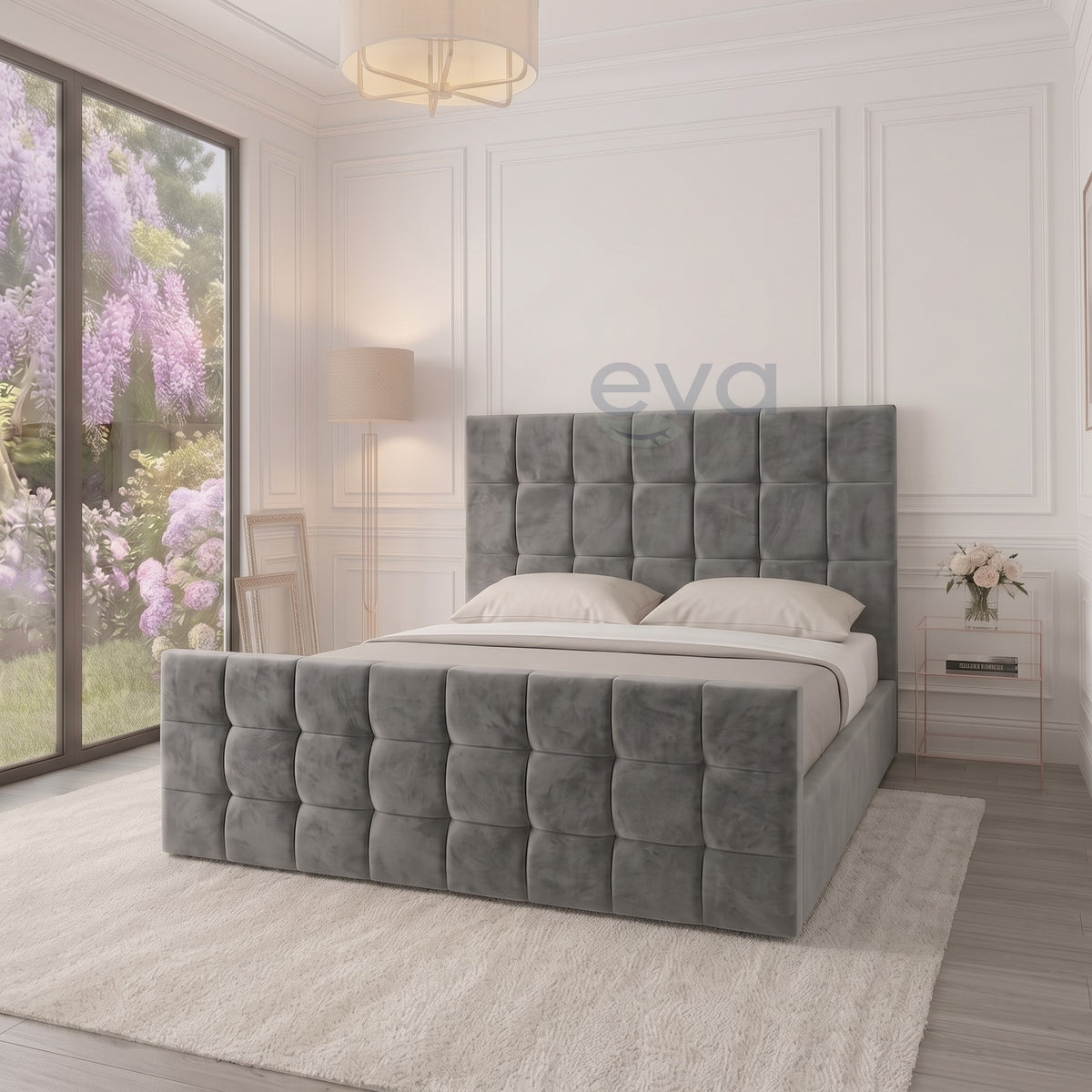 Square Cube Ottoman Storage Velvet Bed Frame | Optional Ottoman & Mattress Options